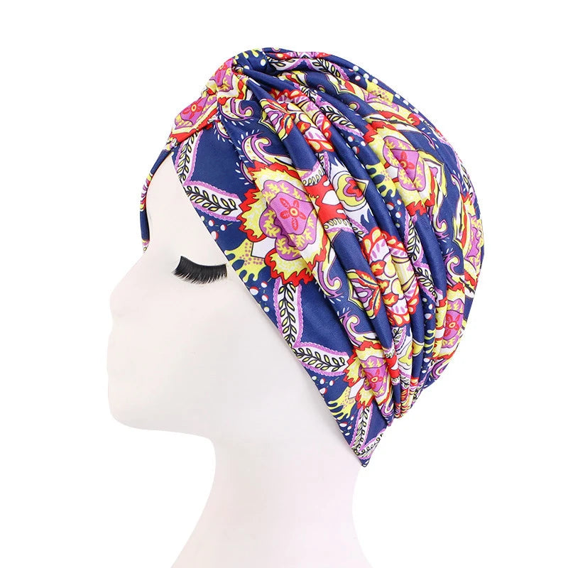 2022 New Print African Headtie Turban Cap Soft Stretch Twisted Pleated Beanie Head Wrap for Women Chemo Bonnet