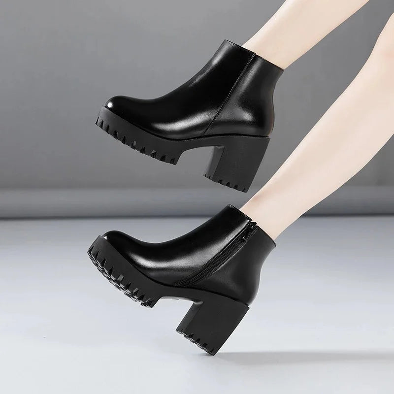 BEYARNE Small Size 32 -43 Block Heel Platform Shoes Fall Winter  OL Elegant High Heels Ankle Boots Women Warm Plush Boot