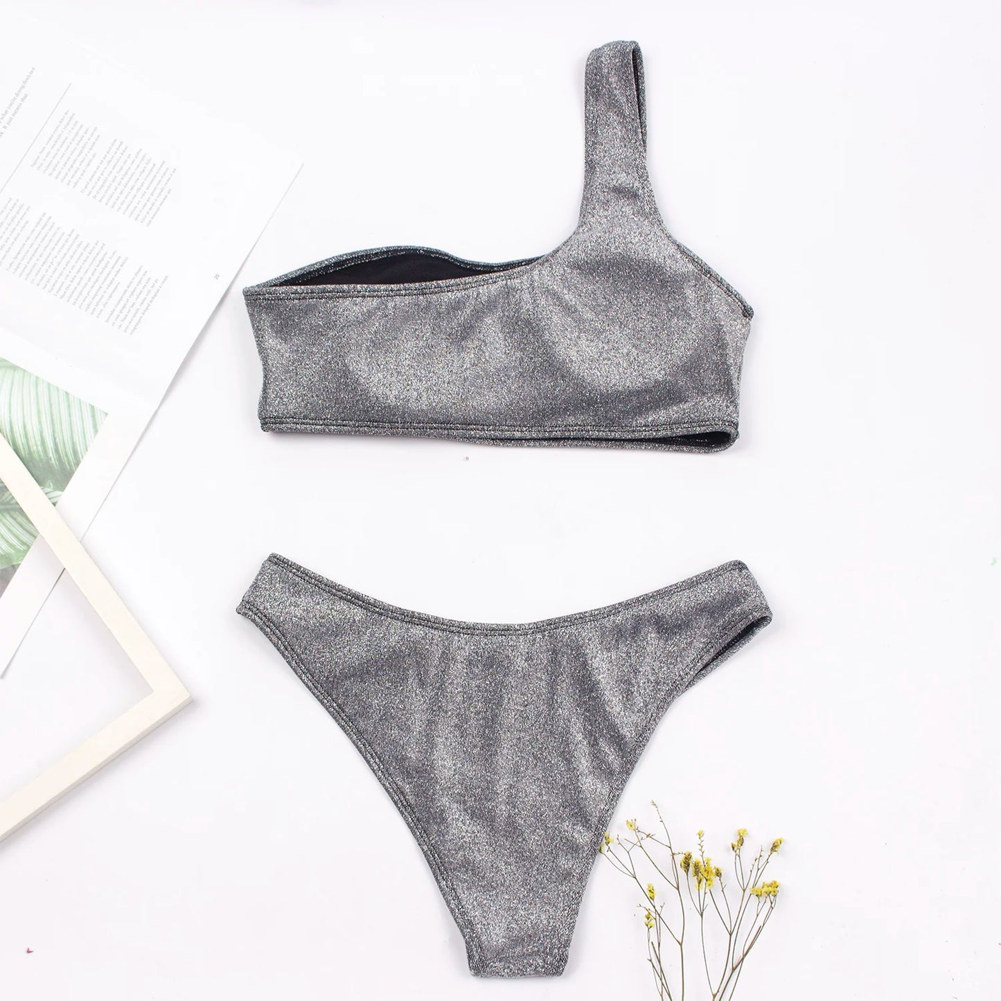 Women Sexy Bikini Set Biquini Ladies One Shoulder Blingbling Swimsuit  Female Two Piece Glitter Solid Color SwimwearW2023