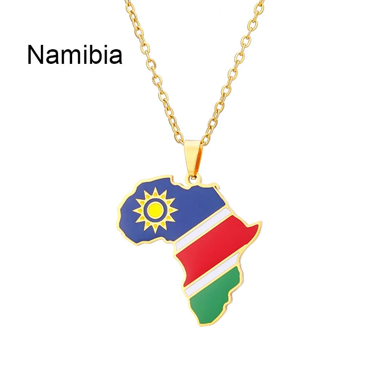 African Map Flag Pendant Necklace Stainless Steel Men Women Rwanda Sudan Uganda Zimbabwe Zambia Ethnic Maps Jewelry Gift