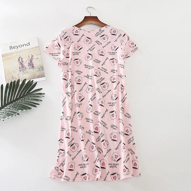 Summer Women Casual Cartoon Sleep Dress 100% Cotton Nightgown Plus Size Dresses Women Chemise de nuit Short Sleeve Home Dress