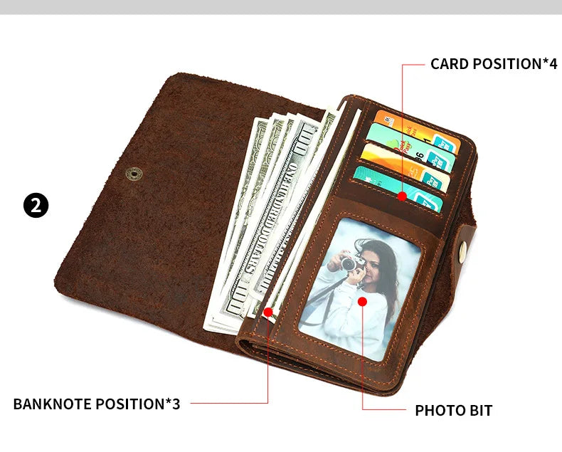 Men's Crazy Horse Leather Long Wallet Brown Real leather Trifold clutch snap purse Hasp purse with Phone pocket and coin pocket