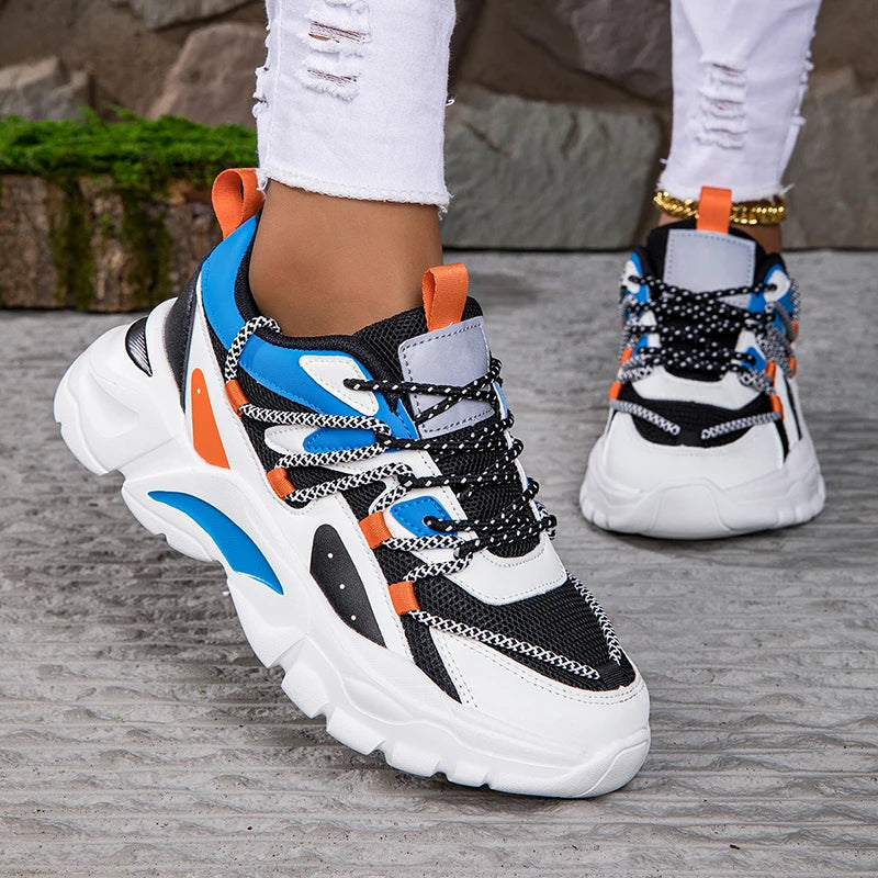 Hot Sale Zapatillas PU Thick Sole Shoes Flat Non-Slip Platform Running Shoes Casual Chunky Sneakers for Outdoor Ladies