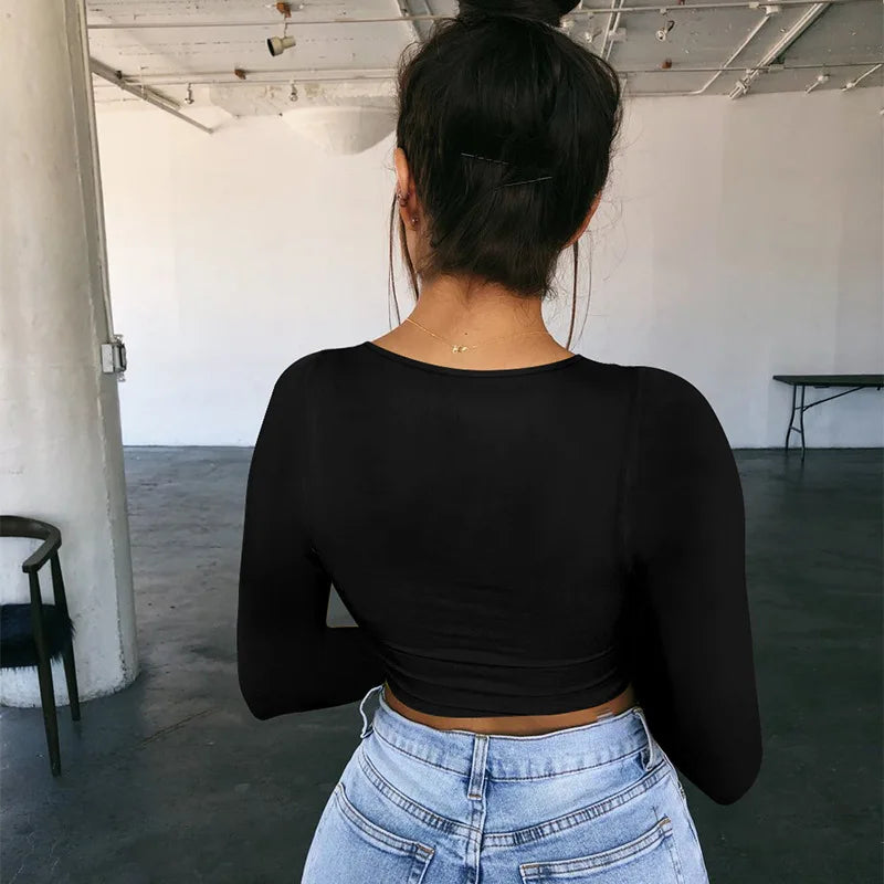 Women Summer Spring Crop Top Square Neck Long Sleeve Black White Tee
