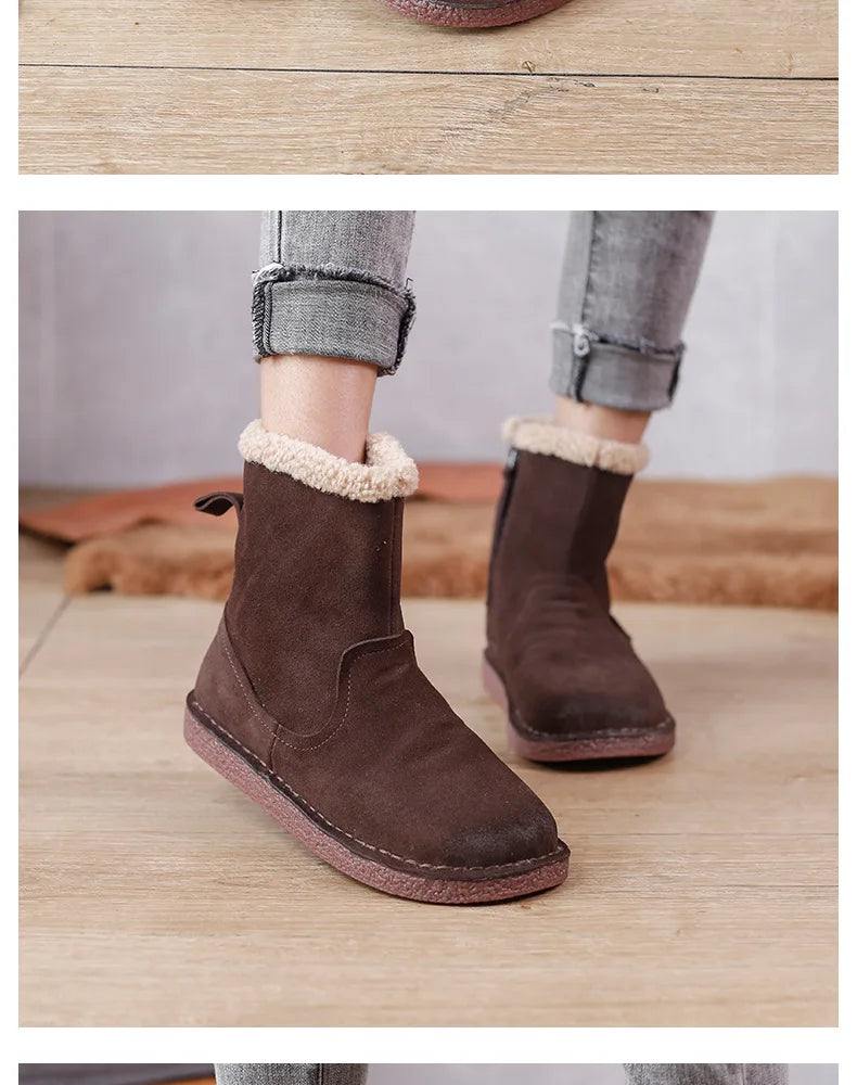 Careaymade-Genuine cow leather Snow cotton round head flats woolen short boots plush warm snow boots Oversized shoes size 35-43