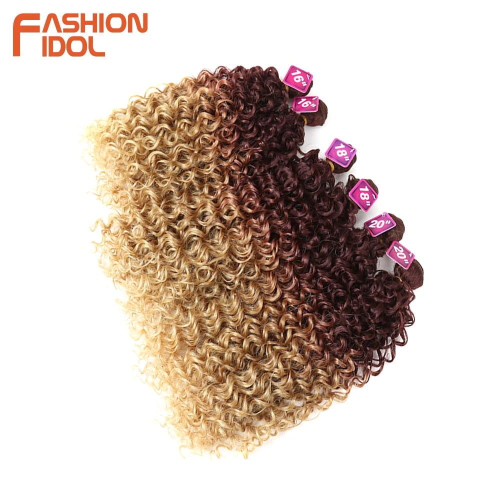 FASHION IDOL Afro Kinky Curly Hair Extensions 16-20 inch Synthetic Hair Bundles Lace With Closure Weave Ombre Blonde Fake Hair