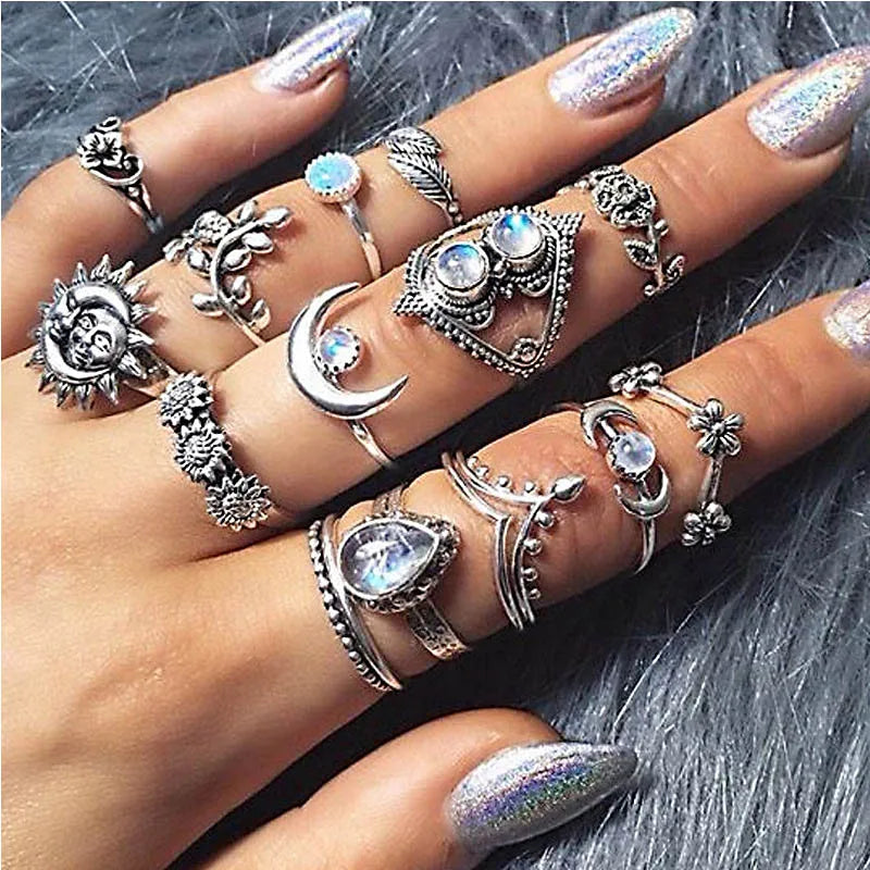 12pcs/Set Fashion Elephant Knuckle Rings Set For Women Crystal Stone Feather finger Ring Female Boho Party Jewelry Gift