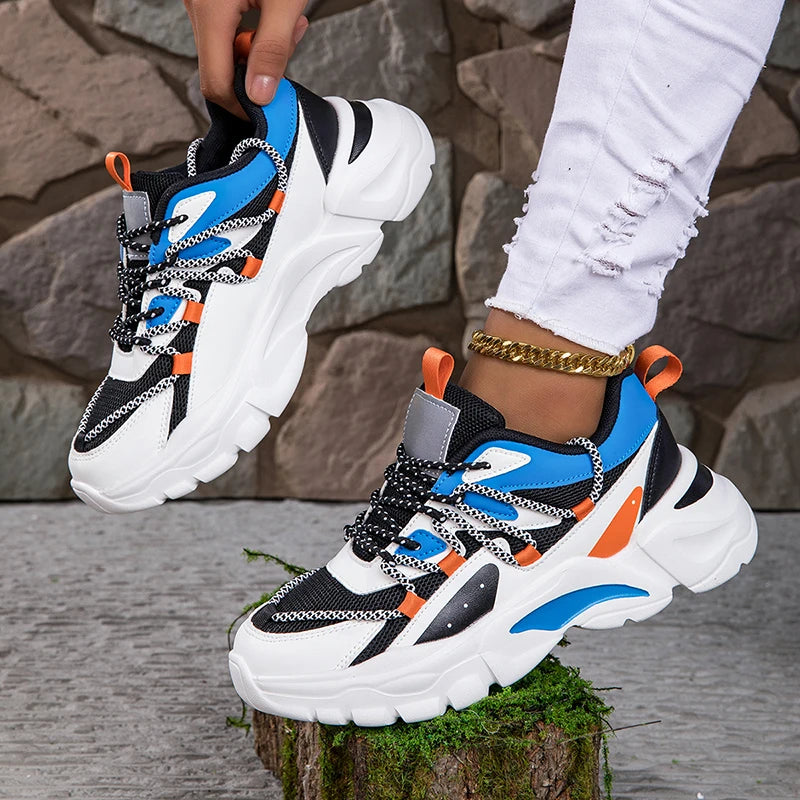 Hot Sale Zapatillas PU Thick Sole Shoes Flat Non-Slip Platform Running Shoes Casual Chunky Sneakers for Outdoor Ladies