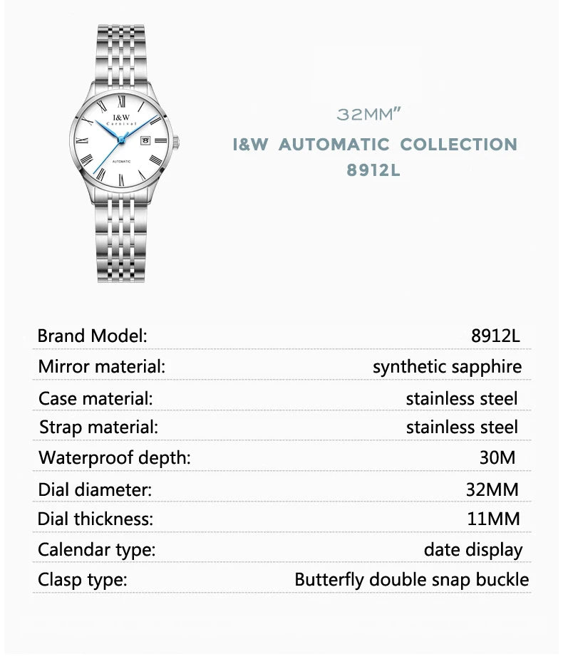 CARNIVAL Brand High-end IW Series Luxury MIYOTA Mechanical Watch for Women Stainless Steel Sapphire Mirror Automatic Watches