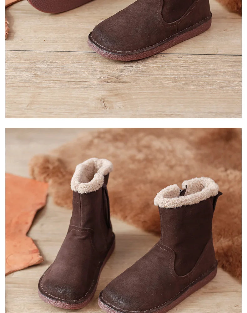 Careaymade-Genuine cow leather Snow cotton round head flats woolen short boots plush warm snow boots Oversized shoes size 35-43