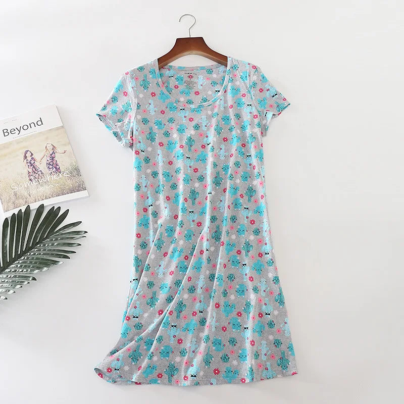 Summer Women Casual Cartoon Sleep Dress 100% Cotton Nightgown Plus Size Dresses Women Chemise de nuit Short Sleeve Home Dress