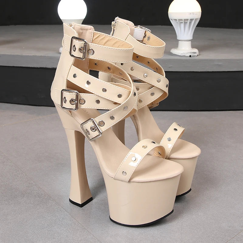 Summer Night Club Women Rivets Sandals 2021 New Thick High Heel Platform Lady Open Toe High Heels Fashion Belt Buckle Zip Shoes