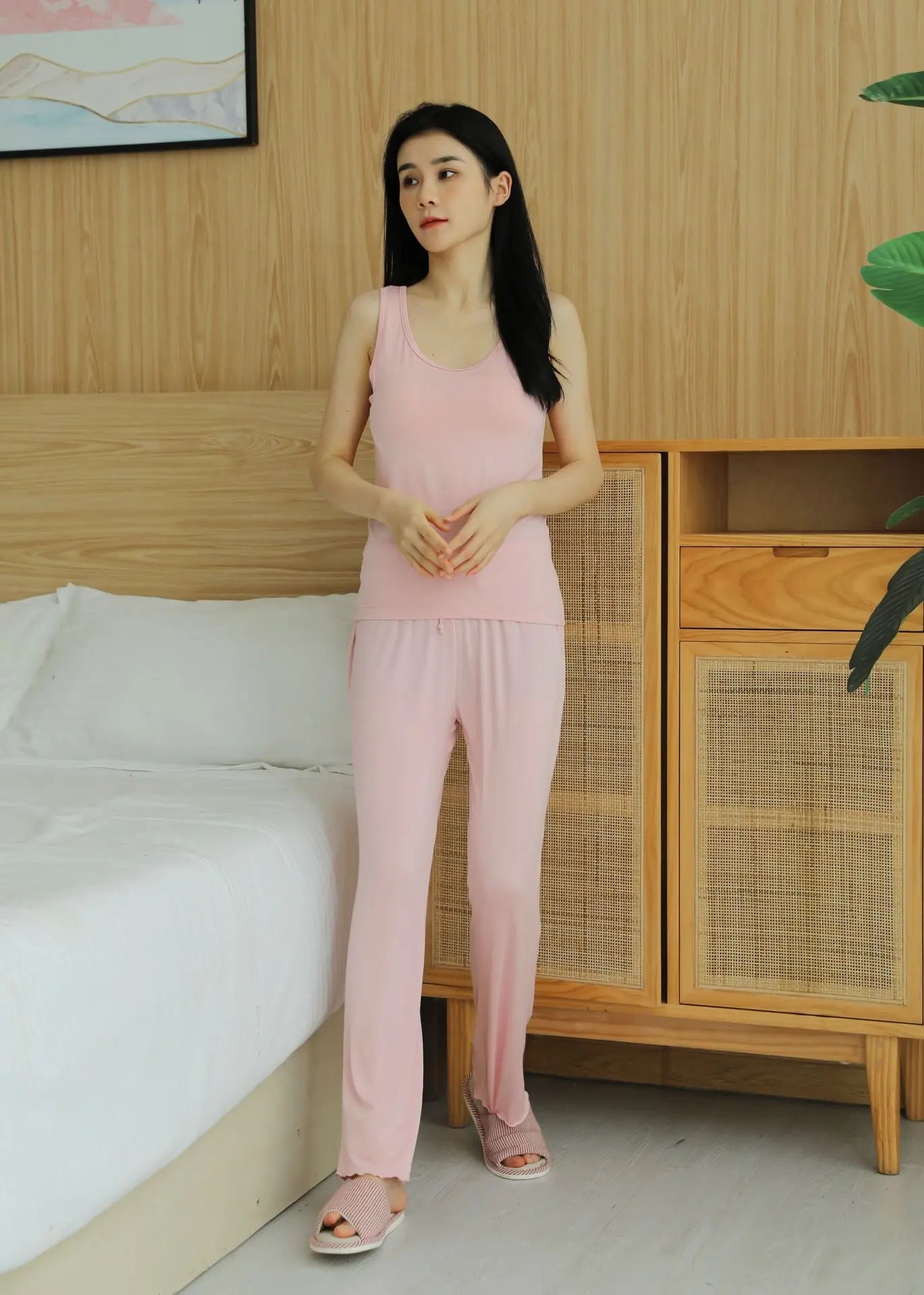 Fdfklak Modal Women's Vest Trousers Suit Pajamas Chest Pads Bra Bottoming Loose Lotus Leaf Pants Two Piece Set Home Clothes