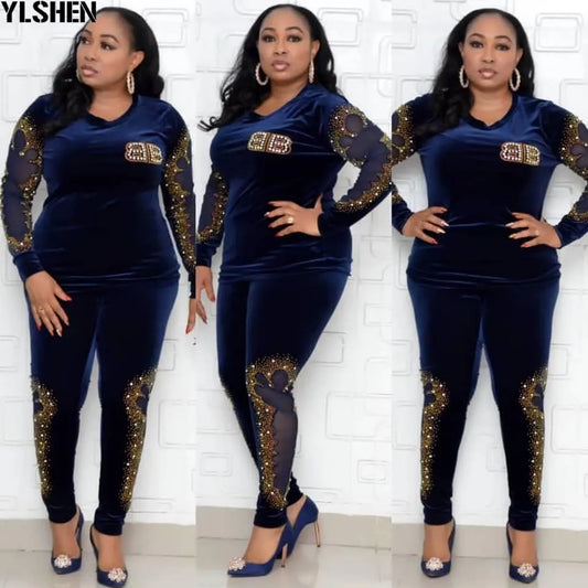 African Sets For Women 2024 Long Sleeve Beading Diamonds African Elastic Bazin Baggy Pants Rock Style Dashiki Famous Suit Lady