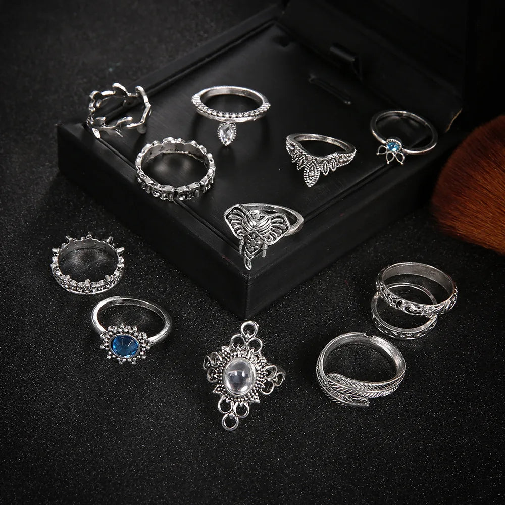 12pcs/Set Fashion Elephant Knuckle Rings Set For Women Crystal Stone Feather finger Ring Female Boho Party Jewelry Gift