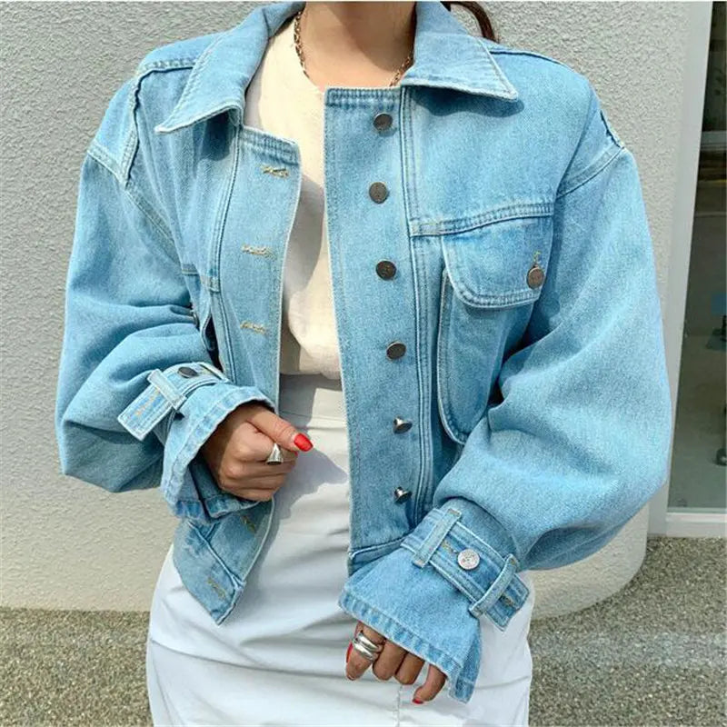 Autumn Denim Jacket Women Chic Casual Boyfriend Style Office Lady Loose Fit Coat