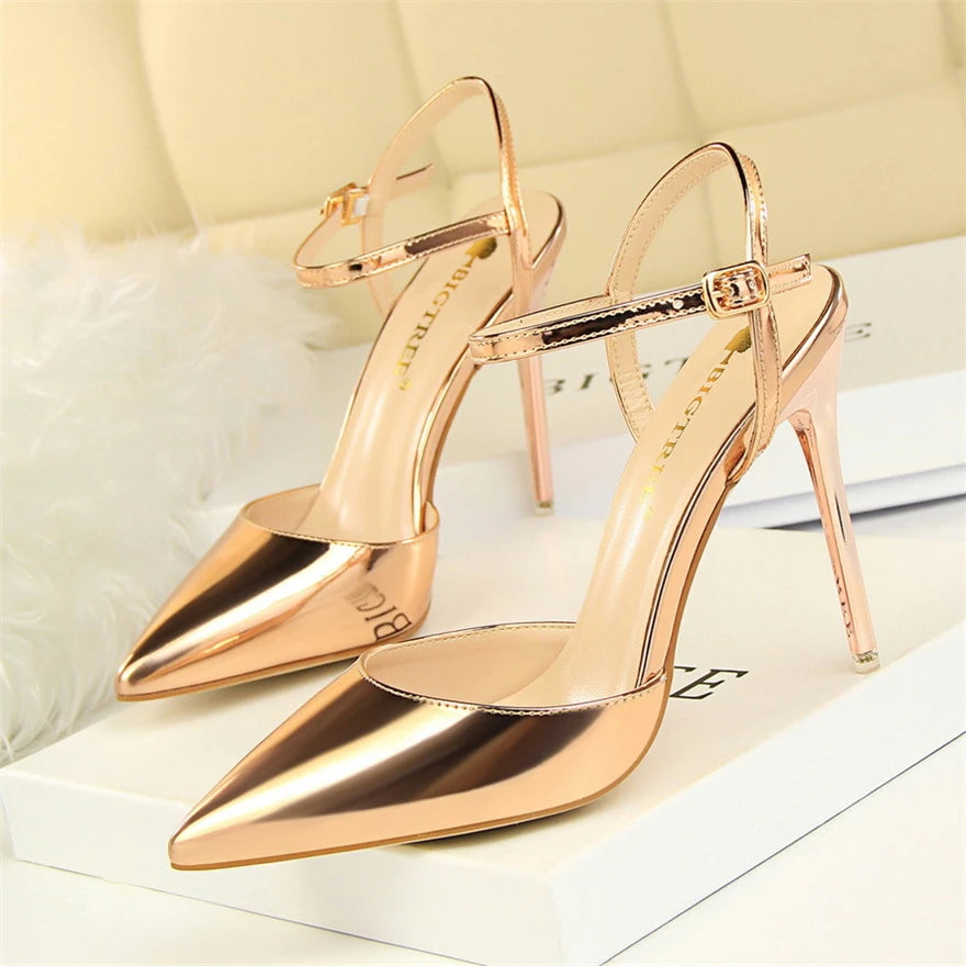 11 Colors Fashion Patent Leather Shallow Women Sandals 2025 Summer Pointy Toe Ankle Buckle High Heels Female Wedding Shoes Party