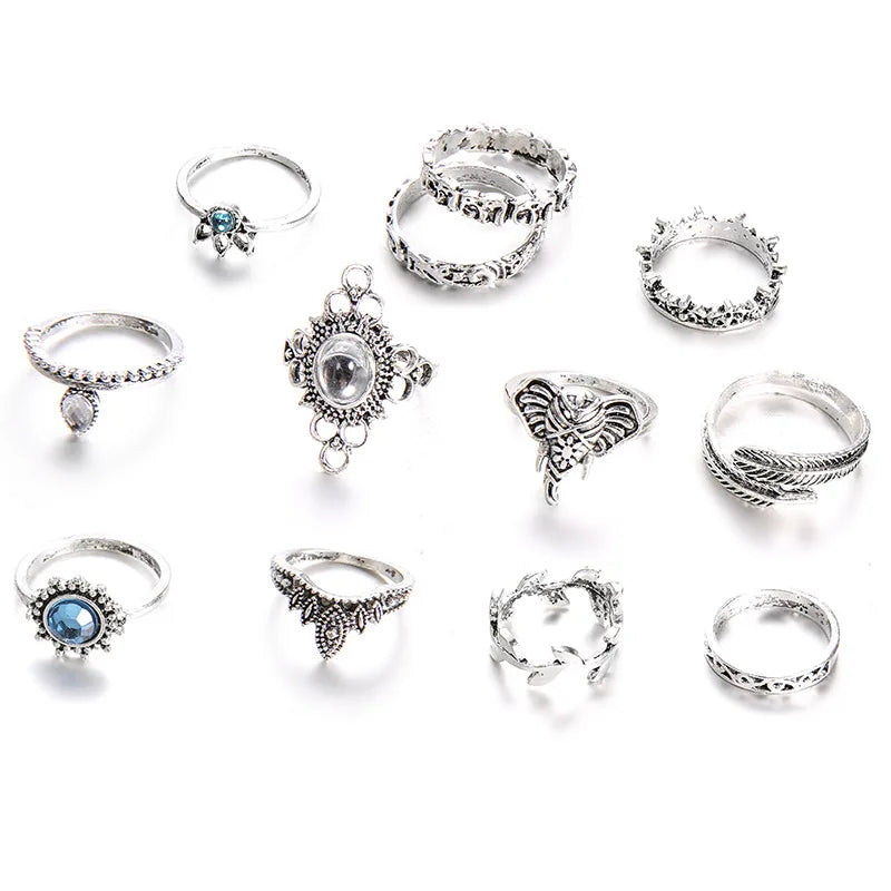 12pcs/Set Fashion Elephant Knuckle Rings Set For Women Crystal Stone Feather finger Ring Female Boho Party Jewelry Gift