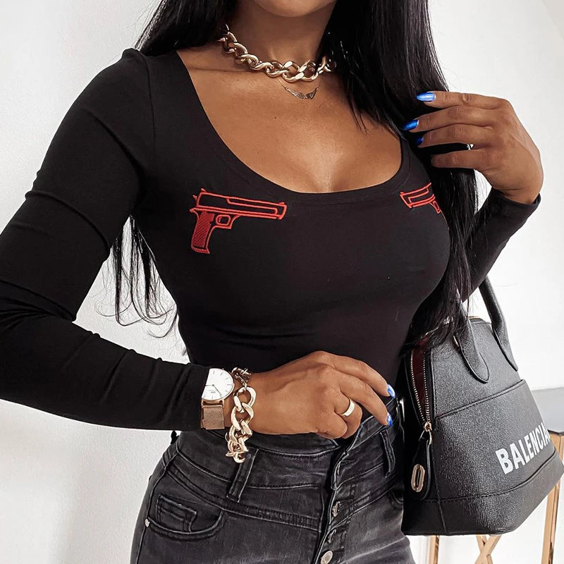 OMSJ Casual Trendy Gun Embroidery Rompers Long Sleeve U Neck Bodycon Ladies Bodysuit 2024 Fall Winter Daily Streetwear Jumpsuits
