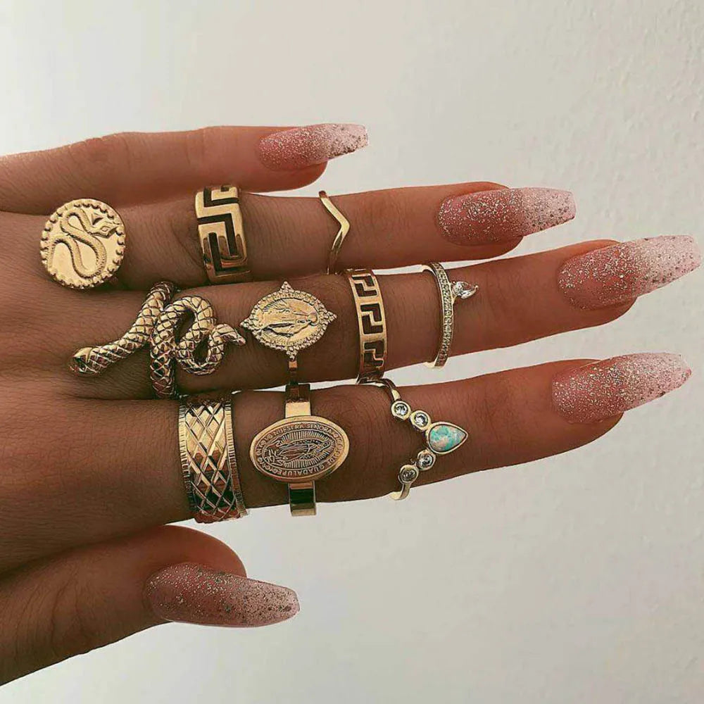 12pcs/Set Fashion Elephant Knuckle Rings Set For Women Crystal Stone Feather finger Ring Female Boho Party Jewelry Gift