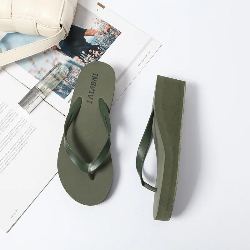 EOFK Women Flip Flops Wedges Casual Shinny Beach 3.5 Cm Height PVC Solid Summer Outside Slippers Soft Shoes