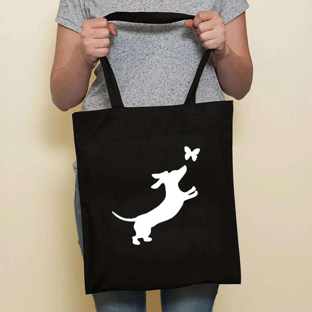 Cute Dog Harajuku Fashion Shopping Black Bags Canvas Tote Bag Bulldog Mom Dachshund Reusable Cloth Bag Handbag Shoulder Bags