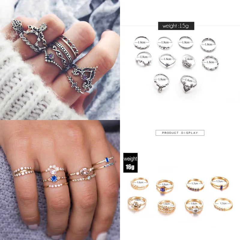 12pcs/Set Fashion Elephant Knuckle Rings Set For Women Crystal Stone Feather finger Ring Female Boho Party Jewelry Gift