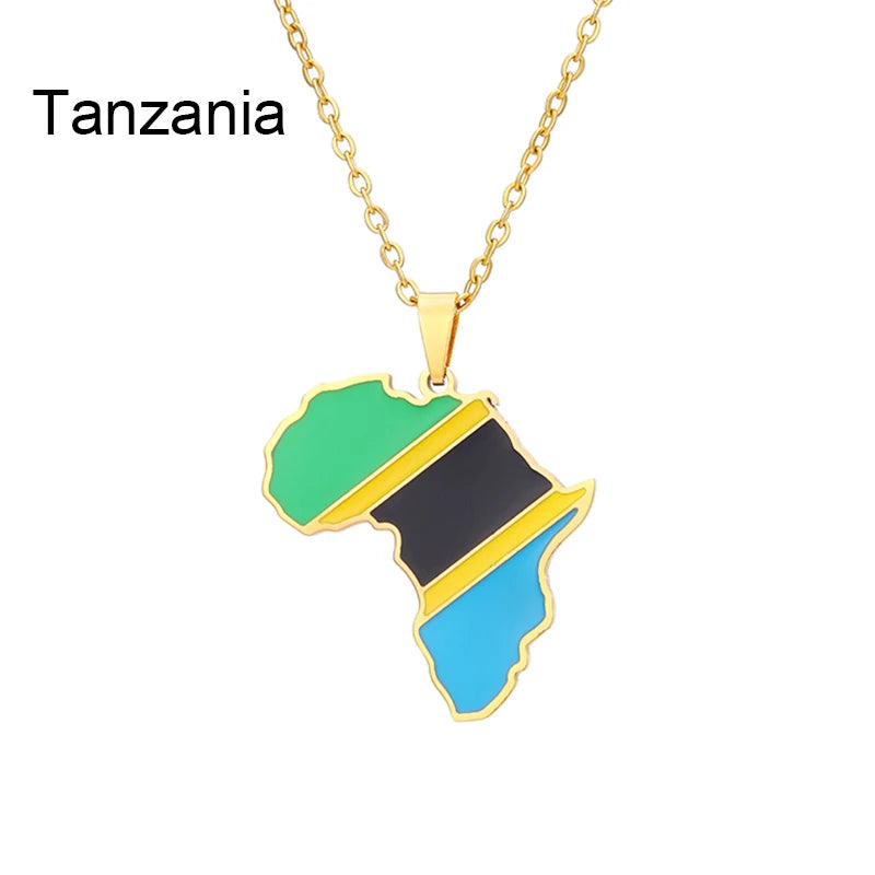 African Map Flag Pendant Necklace Stainless Steel Men Women Rwanda Sudan Uganda Zimbabwe Zambia Ethnic Maps Jewelry Gift
