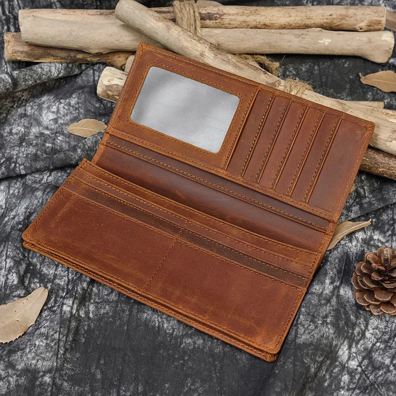 Men's Crazy Horse Leather Long Wallet Brown Real leather Trifold clutch snap purse Hasp purse with Phone pocket and coin pocket