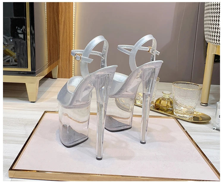 Summer Sandalias Mujer 2024 Sandales Sexy 20cm High Heels Patent Leather Crystal Stripper Platform Heels Women Shoes