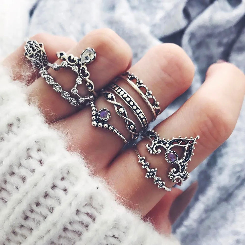 12pcs/Set Fashion Elephant Knuckle Rings Set For Women Crystal Stone Feather finger Ring Female Boho Party Jewelry Gift