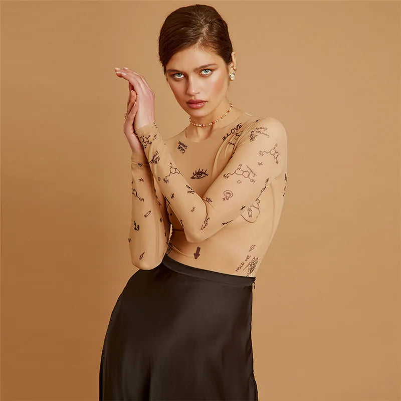 Women Slim Fit O Neck Mesh Bodysuit Long Sleeve Polyester Elastane Party Wear