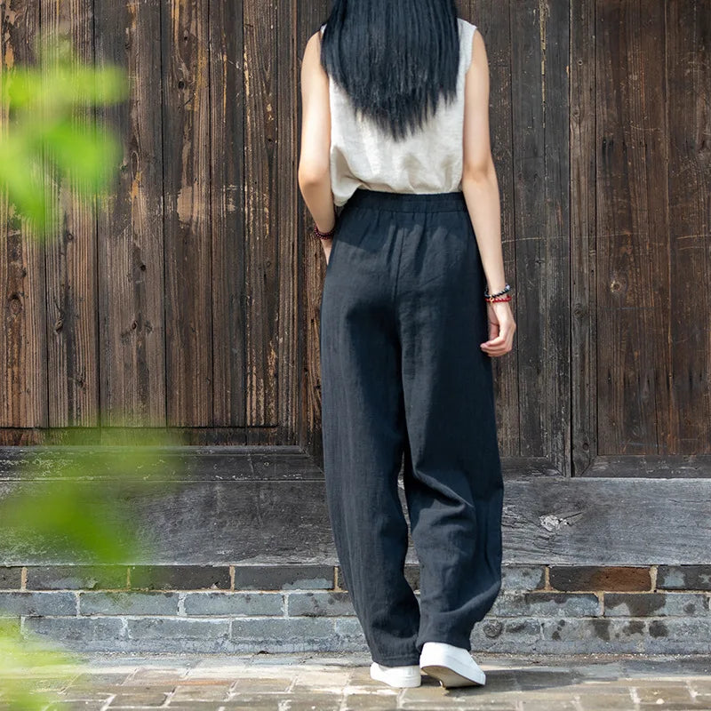 Johnature Women Loose Cotton Linen Casual Pants Solid Color Elastic Waist Lantern Pants 2025 Spring New Female Trousers