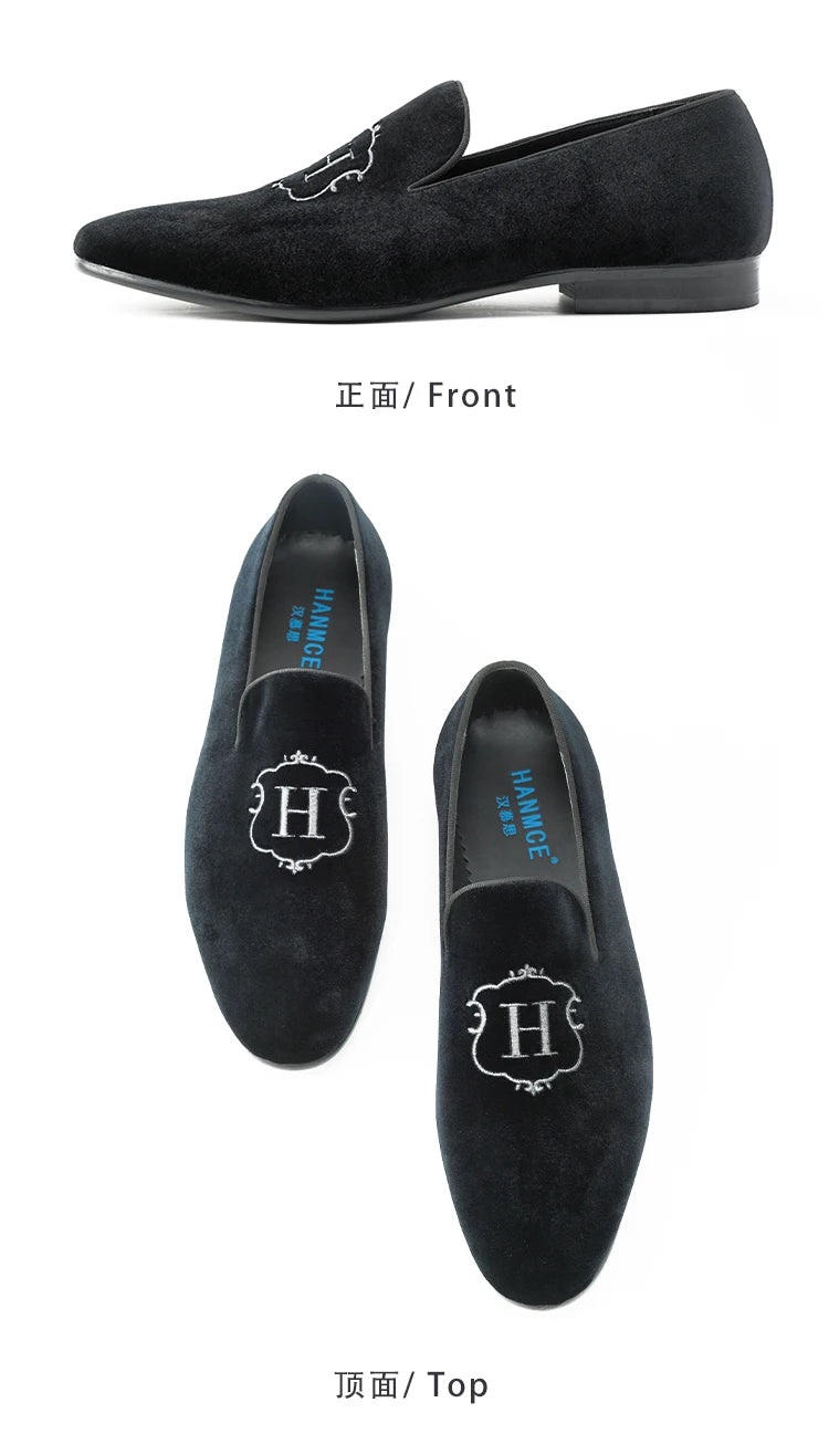 Hanmce 2025 New Design Fashion Velvet Material Slip On Luxury Hand Made Smoking Men Shoes