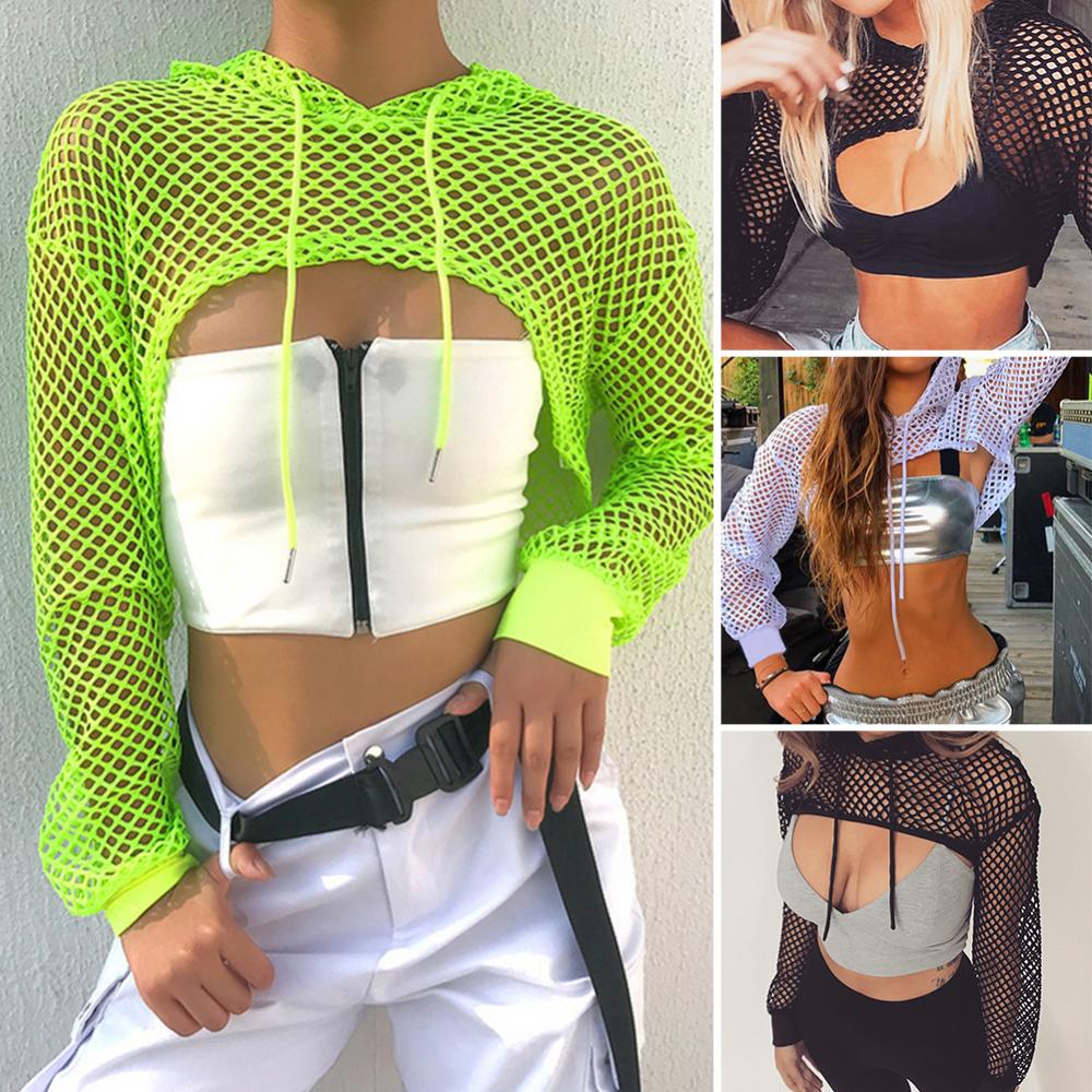 Hot Women t shirt Casual Vest Bra Cover Fish Net Hollow out Drawstring Micro Length Hoodie Crop Tanks Top Oversize Women t shirt