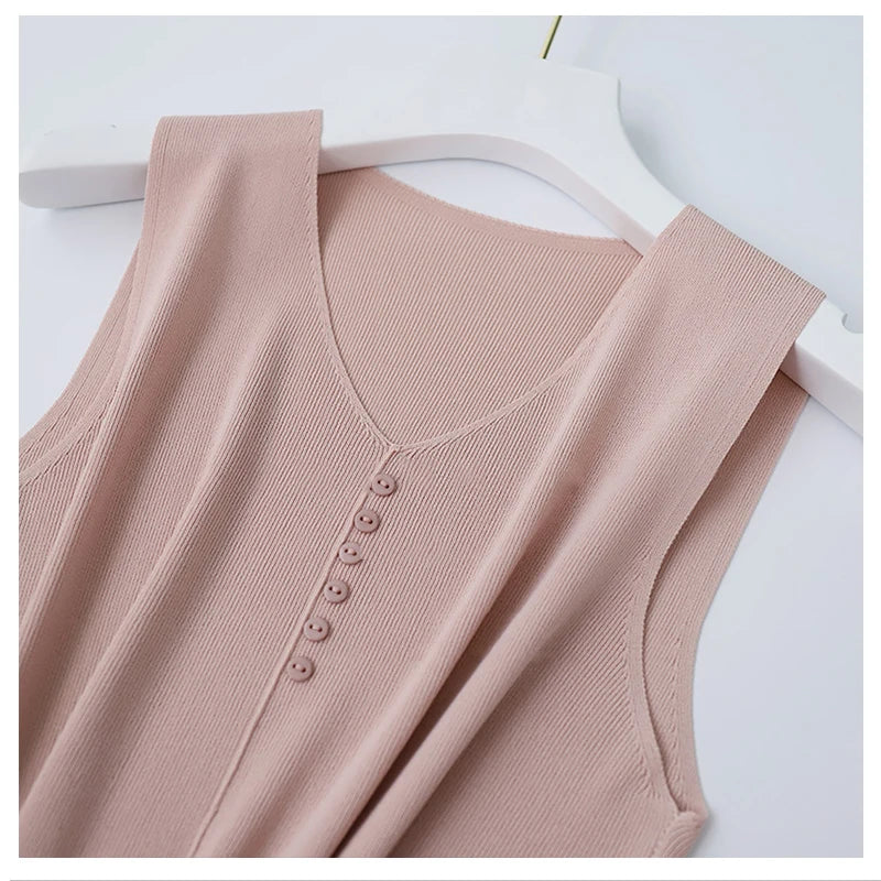Knitted Vests Women Top V-neck Solid Tank Blusas Mujer De Moda 2026 Summer New Fashion Female Sleeveless Casual Thin Tops