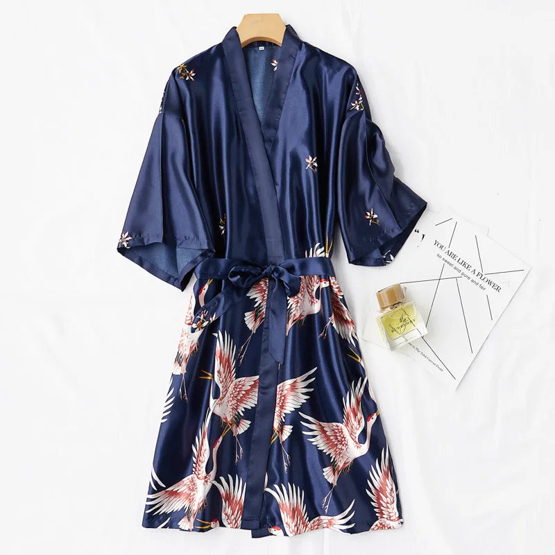 Burgundy Women 2PCS Faux Silk Kimono Robe Gown Sets Sexy Print Crane Nightdress &Bathrobe Lingerie Nightgown Summer Sleepwear
