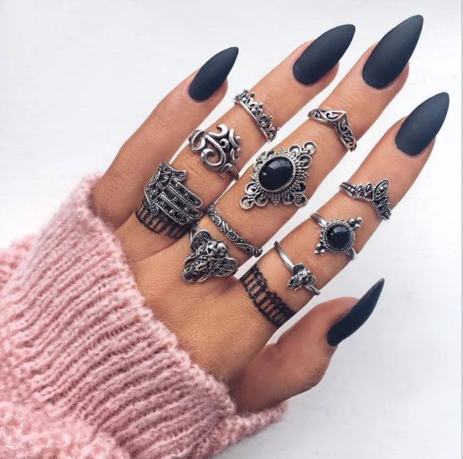 12pcs/Set Fashion Elephant Knuckle Rings Set For Women Crystal Stone Feather finger Ring Female Boho Party Jewelry Gift