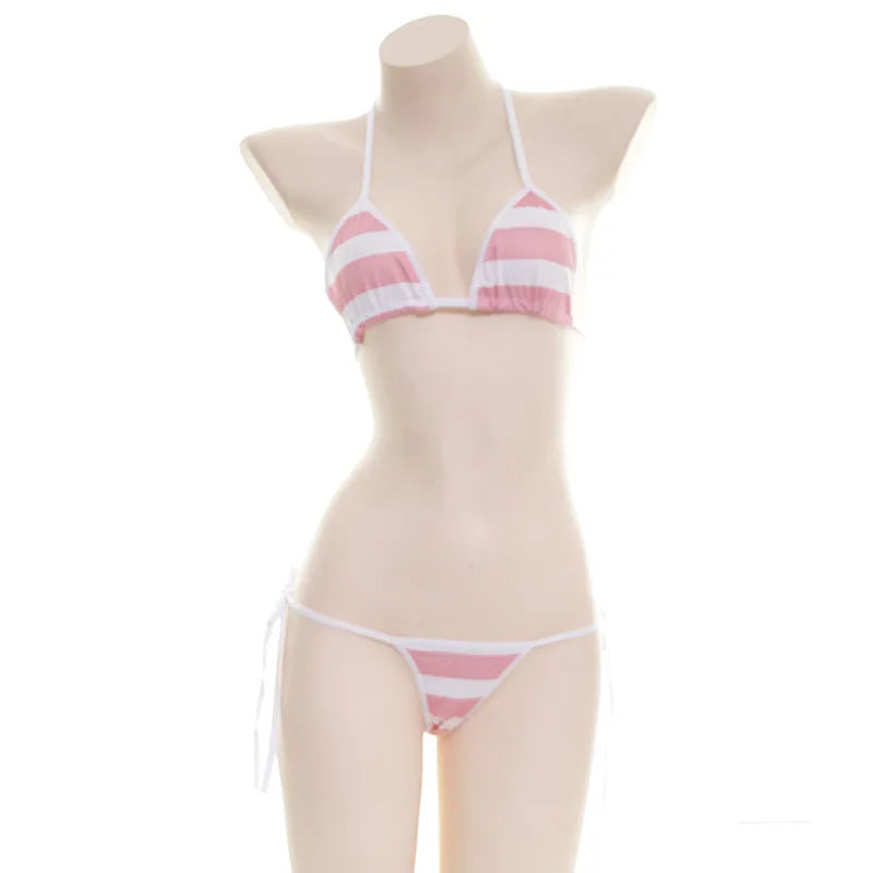 Sexy Women Underwear Set  Striped Bikini Thigh High Stocking Swimsuit Erotic Costumes Cosplay Japanese Anime Bra Briefs