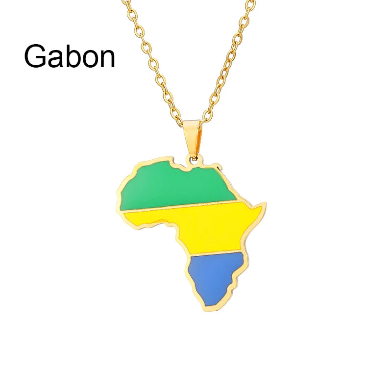 African Map Flag Pendant Necklace Stainless Steel Men Women Rwanda Sudan Uganda Zimbabwe Zambia Ethnic Maps Jewelry Gift