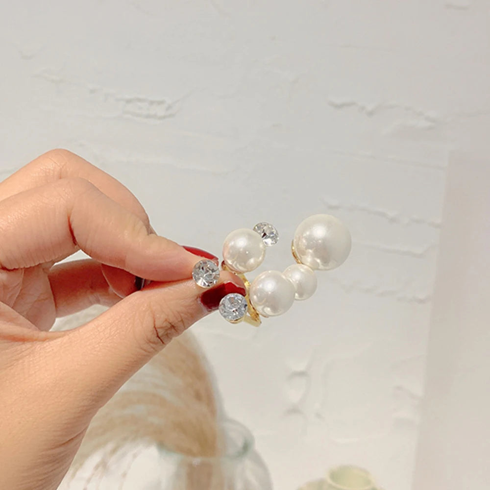 Elegant Retro Oversize Multi Pearl Rings for Women Lady Shiny Crystal Rhinestone Irregular Charm Open Rings Jewelry