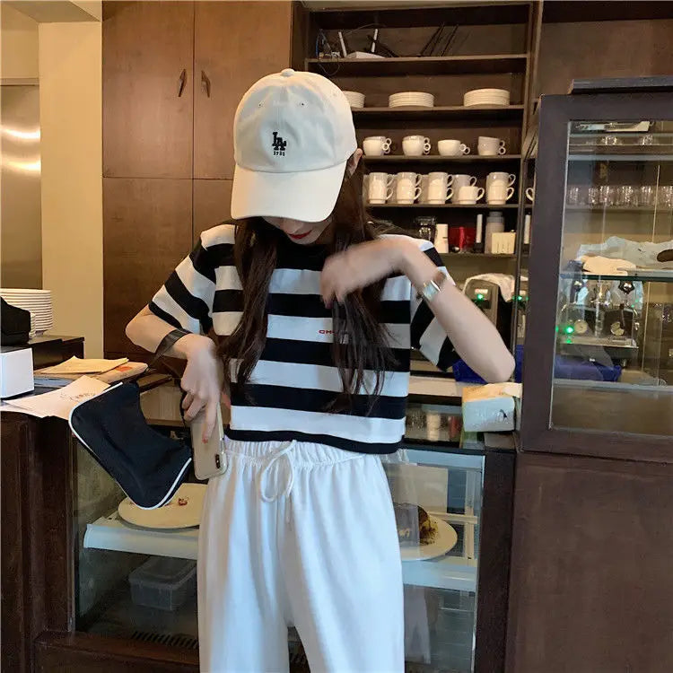 Black White Striped Cropped Top Women Summer New Korean Loose Short-sleeved T-shirt Fashion Egirl Letter Print Oversized Shirt