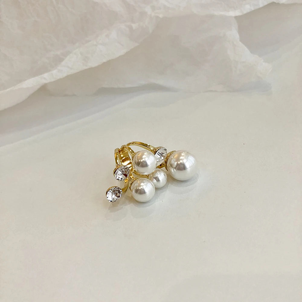 Elegant Retro Oversize Multi Pearl Rings for Women Lady Shiny Crystal Rhinestone Irregular Charm Open Rings Jewelry