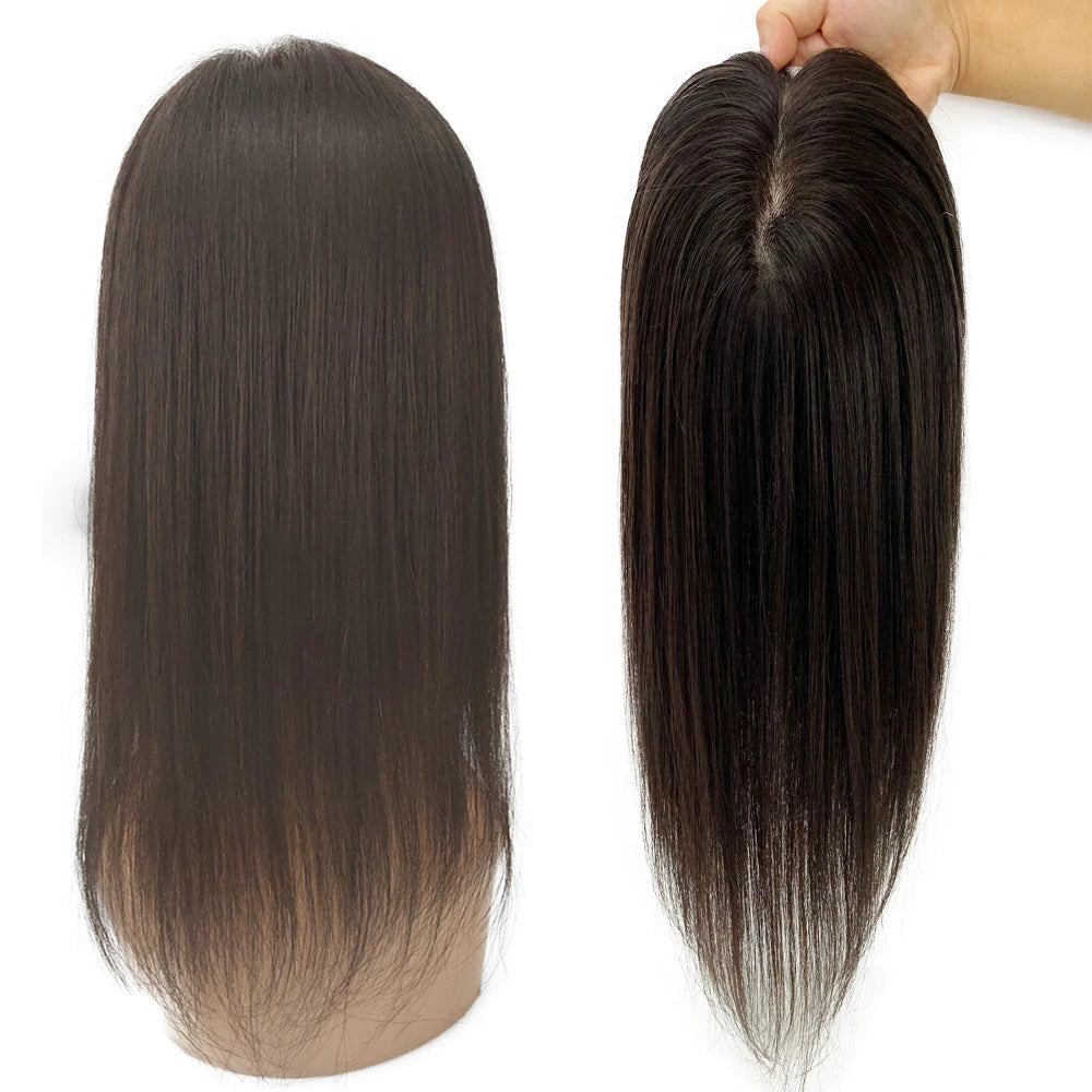 6X6inch Real Human Hair Topper for Women Virgin European Hair Toupee with Clips In Natural Hairline Scalp Base Fine Hairpiece