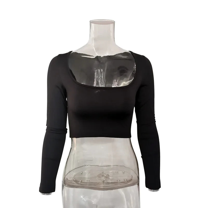 Women Summer Spring Crop Top Square Neck Long Sleeve Black White Tee