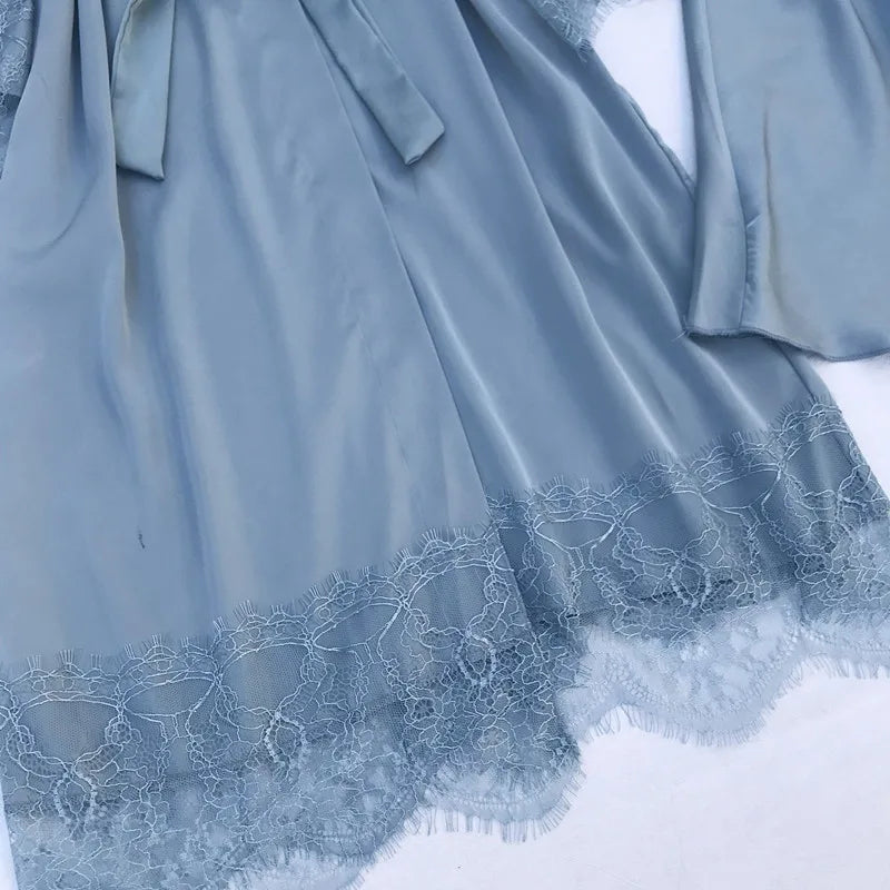 Women Pajamas Five Piece Set Spring Summer Sleepwear Nightgown Sexy Lace Bath Robe Gown Loose Silk Satin Home Wear Loungewear