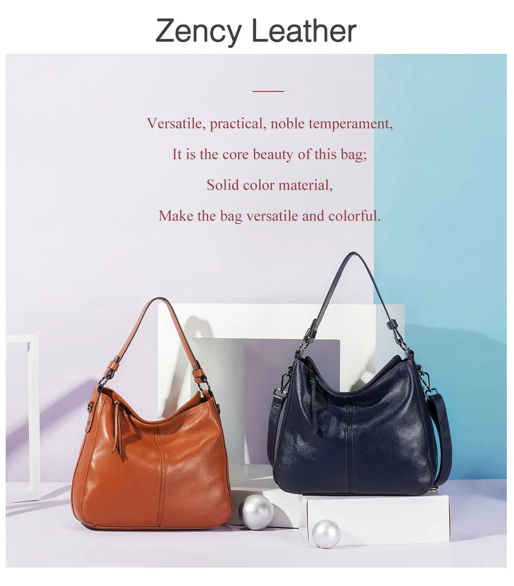 Zency 100% Genuine Leather Elegant Women Shoulder Bag Classic Black Hobos Roomy Casual Tote Handbag Crossbody Messenger Grey
