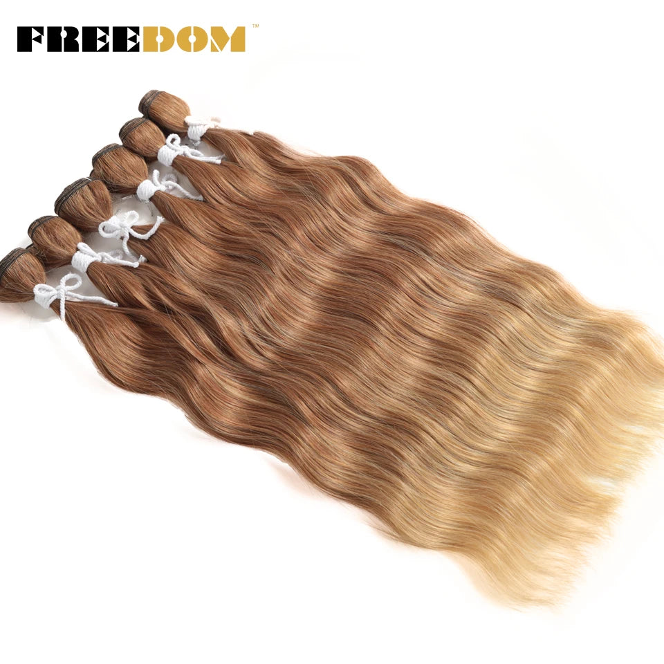 FREEDOM Synthetic Water Wave Hair Bundles 20 inch Synthetic Hair Extensions Ombre Blonde Brown Hair Weave Bundles 6Pcs/Pack