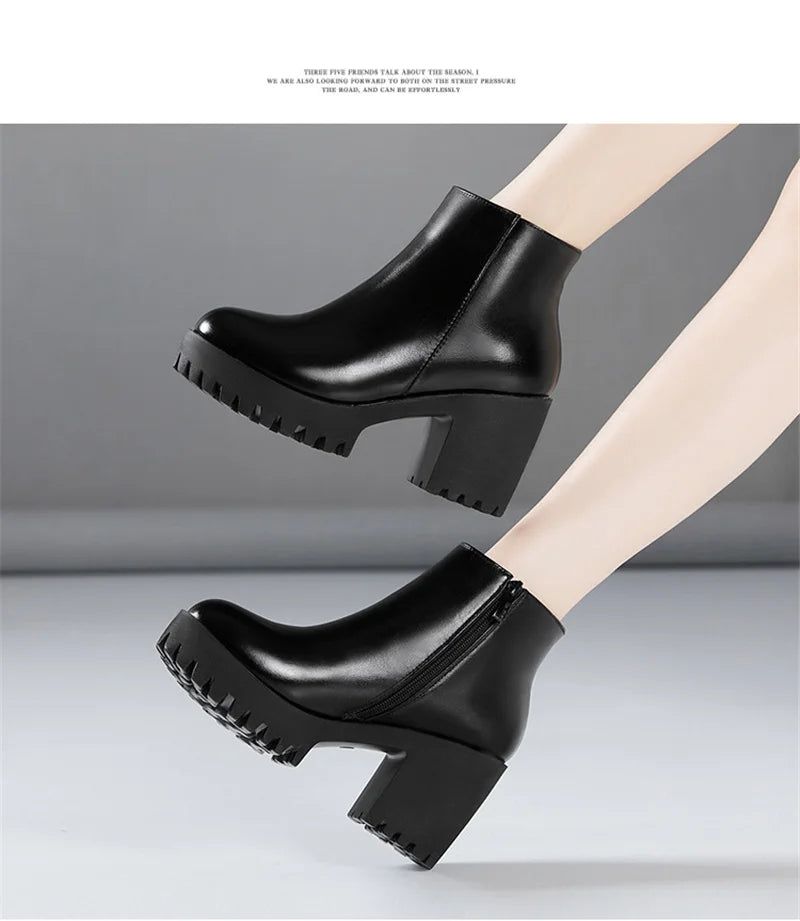 BEYARNE Small Size 32 -43 Block Heel Platform Shoes Fall Winter  OL Elegant High Heels Ankle Boots Women Warm Plush Boot