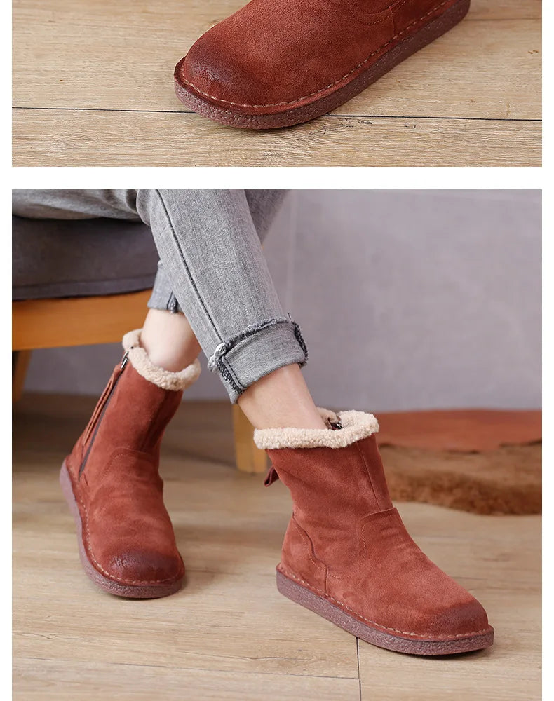 Careaymade-Genuine cow leather Snow cotton round head flats woolen short boots plush warm snow boots Oversized shoes size 35-43